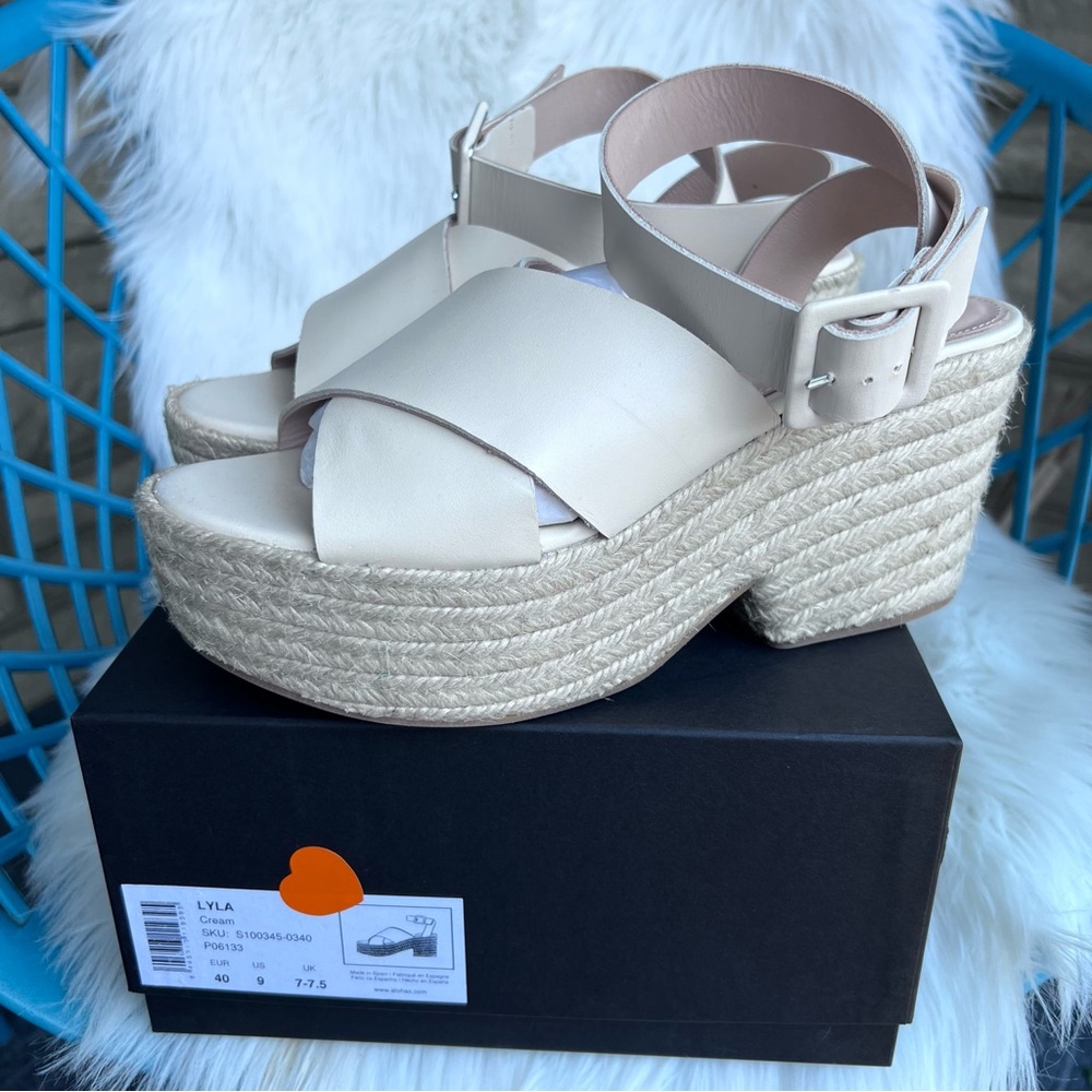 Alohas Lyla Cream Espadrille Platform Sandals Ankle Wrap Leather 9/40 $210 - Picture 4 of 11